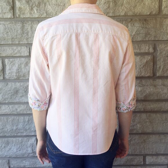 90s Peach Pinstripe Button Down - Elbow Length Sleeves - Picture 2 of 4